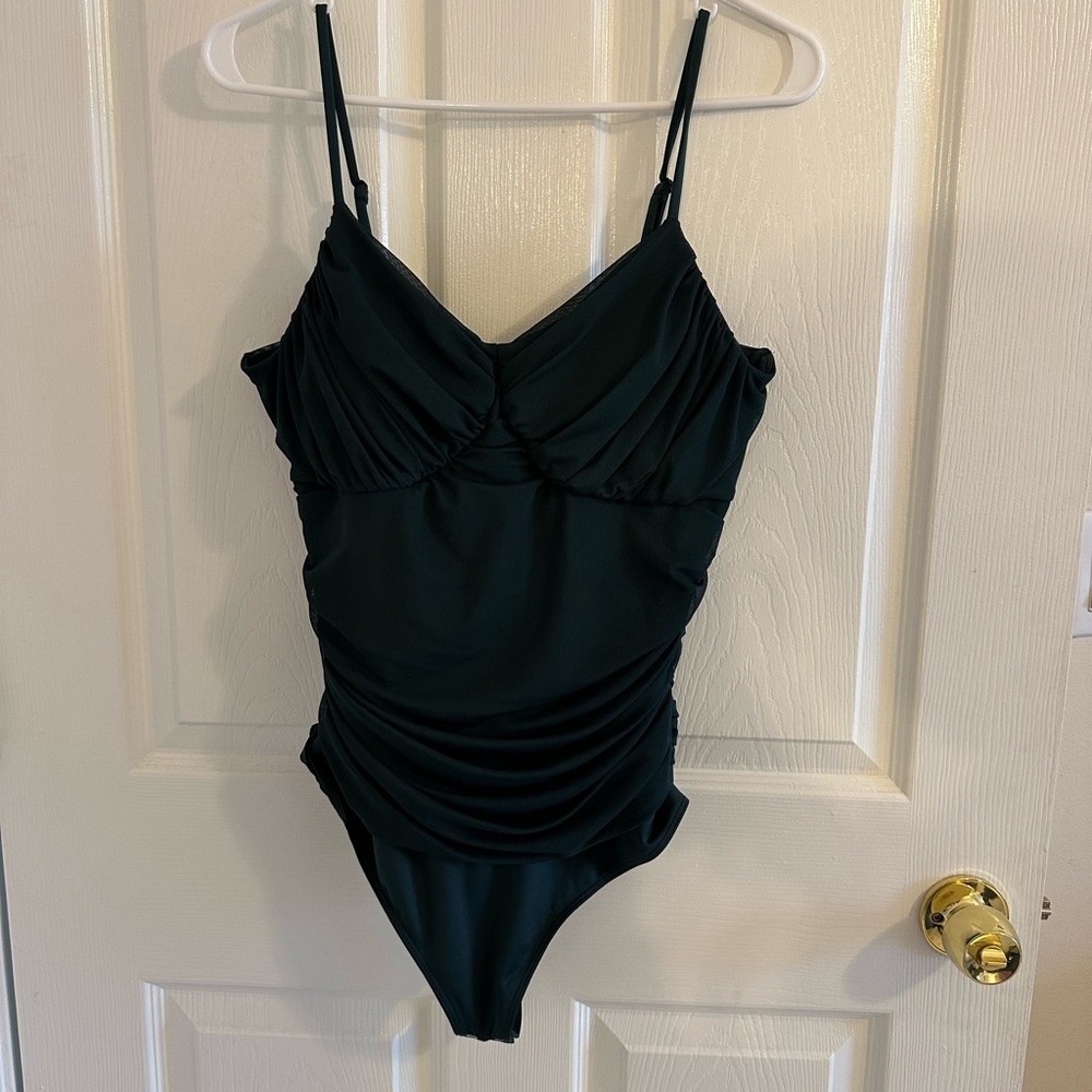 Express body contour thong bodysuit- dark green